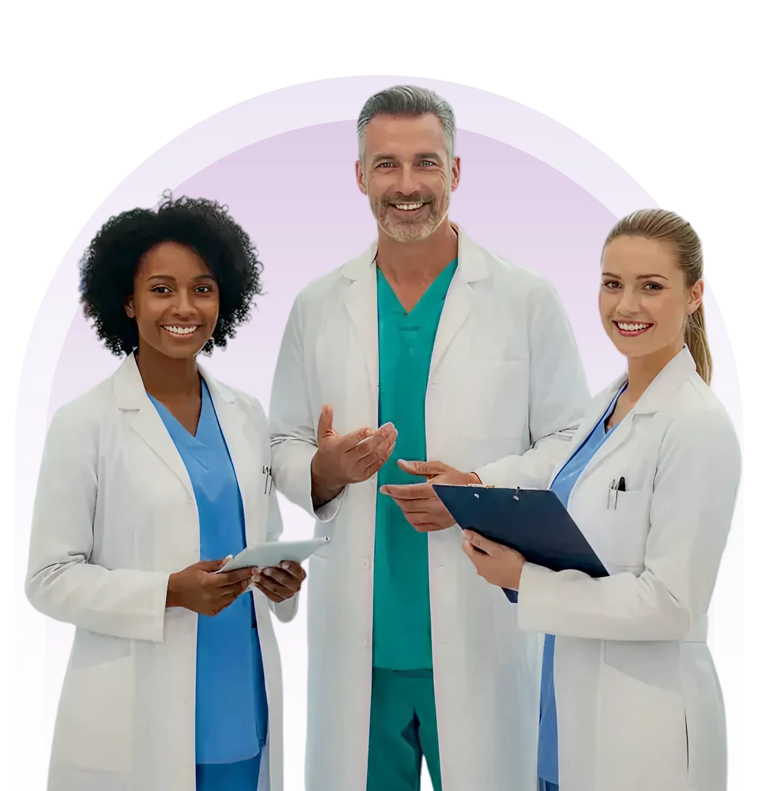 Three doctors in white coats stand together, holding a clipboard, discussing patient information.