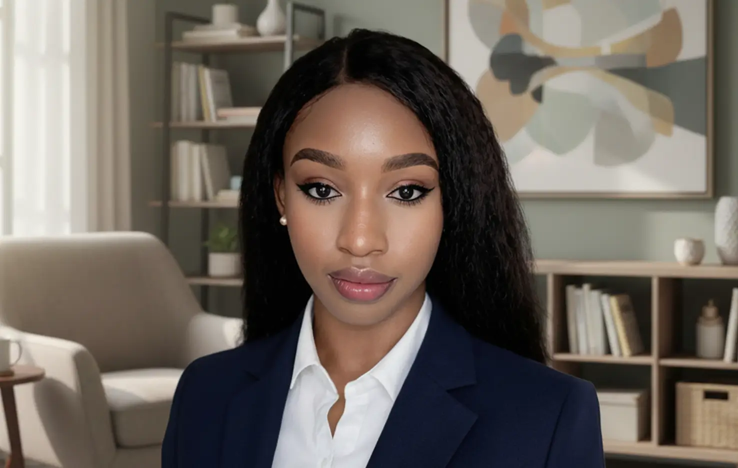 A woman with long black hair wearing a brown jacket stands confidently, showcasing her style and poise.